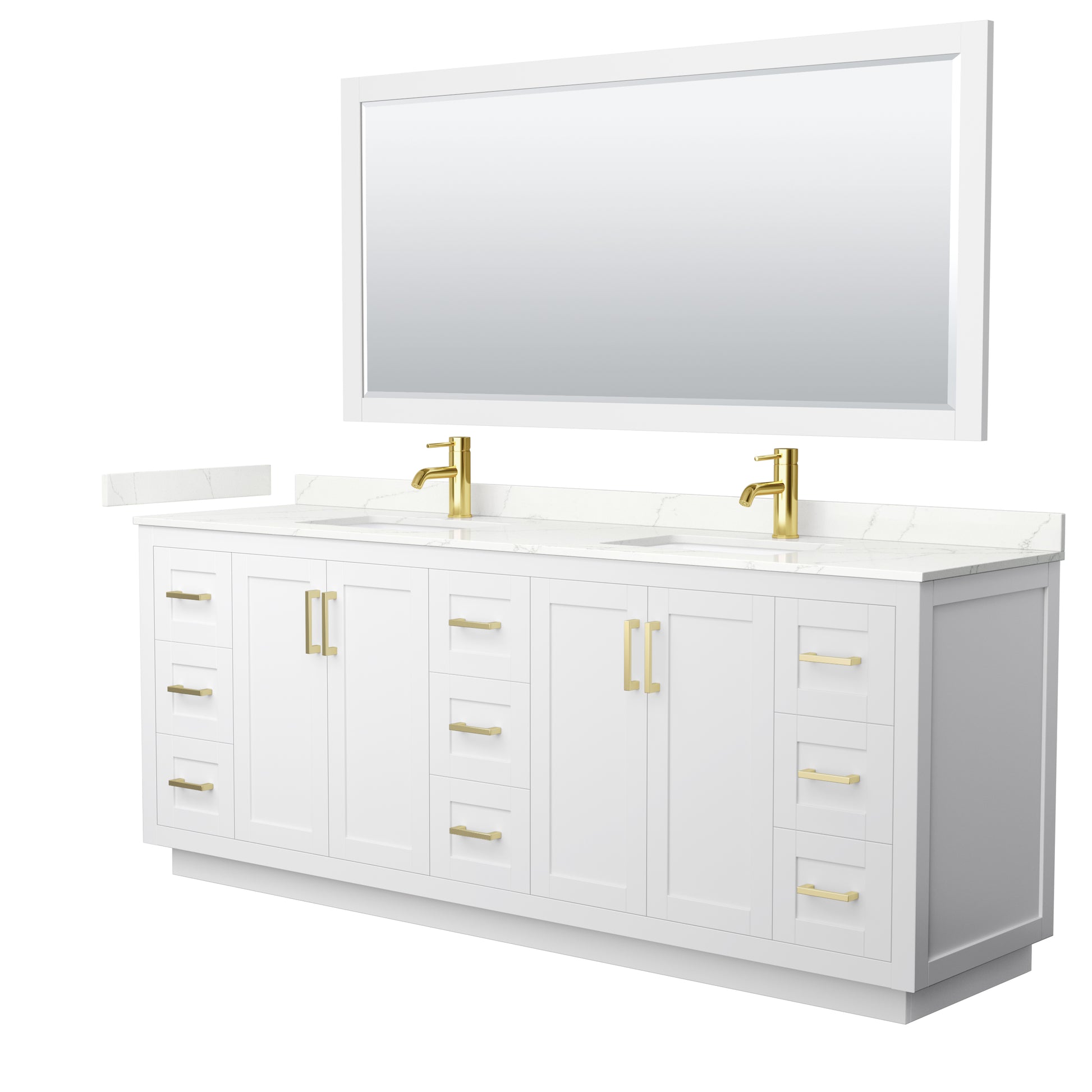 Wyndham Collection Miranda 84" Double Bathroom Vanity in White, Giotto Quartz Countertop, Undermount Square Sinks (1-Hole), Brushed Gold Trim, 70" Mirror