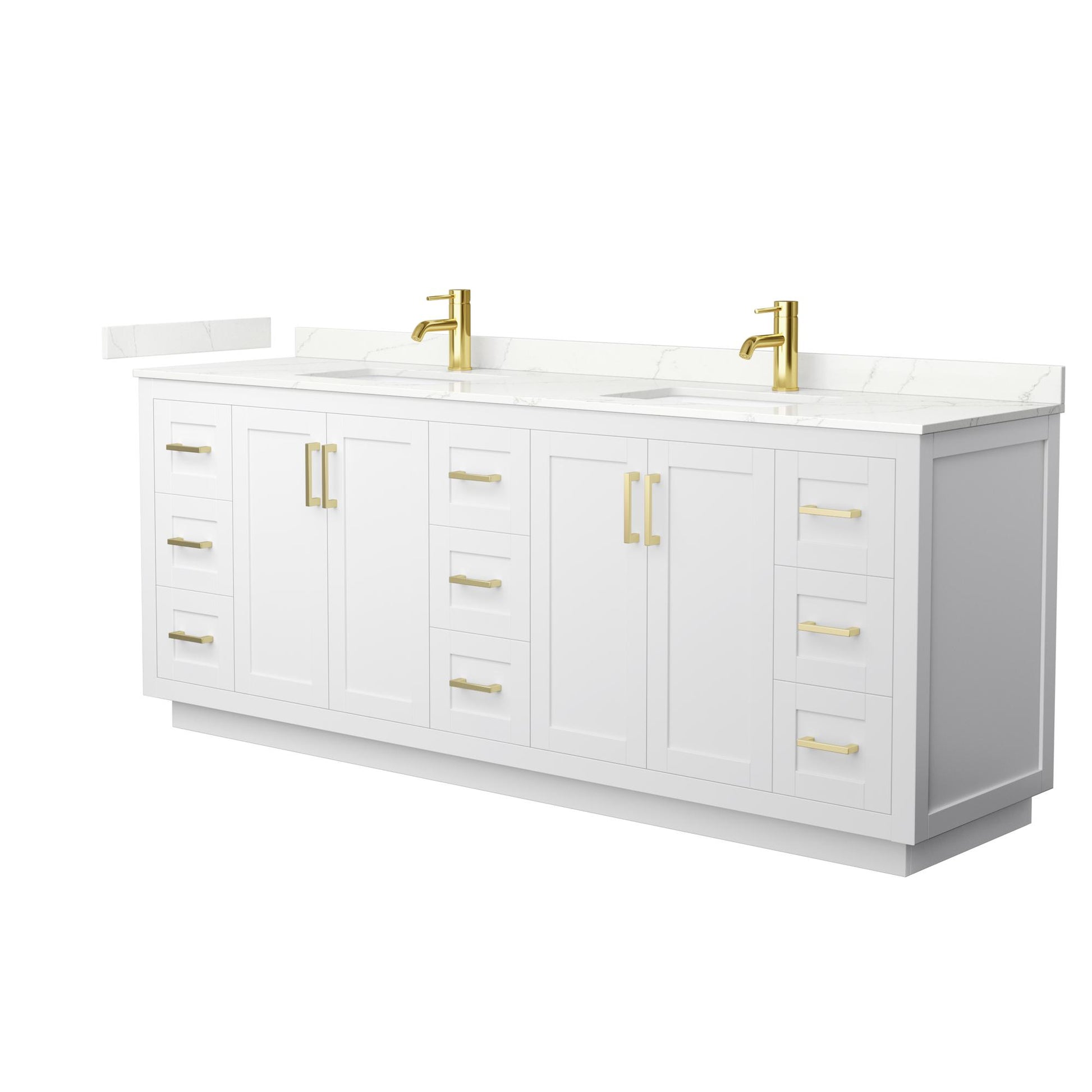 Wyndham Collection Miranda 84" Double Bathroom Vanity in White, Giotto Quartz Countertop, Undermount Square Sinks (1-Hole), Brushed Gold Trim