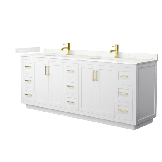 Wyndham Collection Miranda 84" Double Bathroom Vanity in White, Giotto Quartz Countertop, Undermount Square Sinks (1-Hole), Brushed Gold Trim