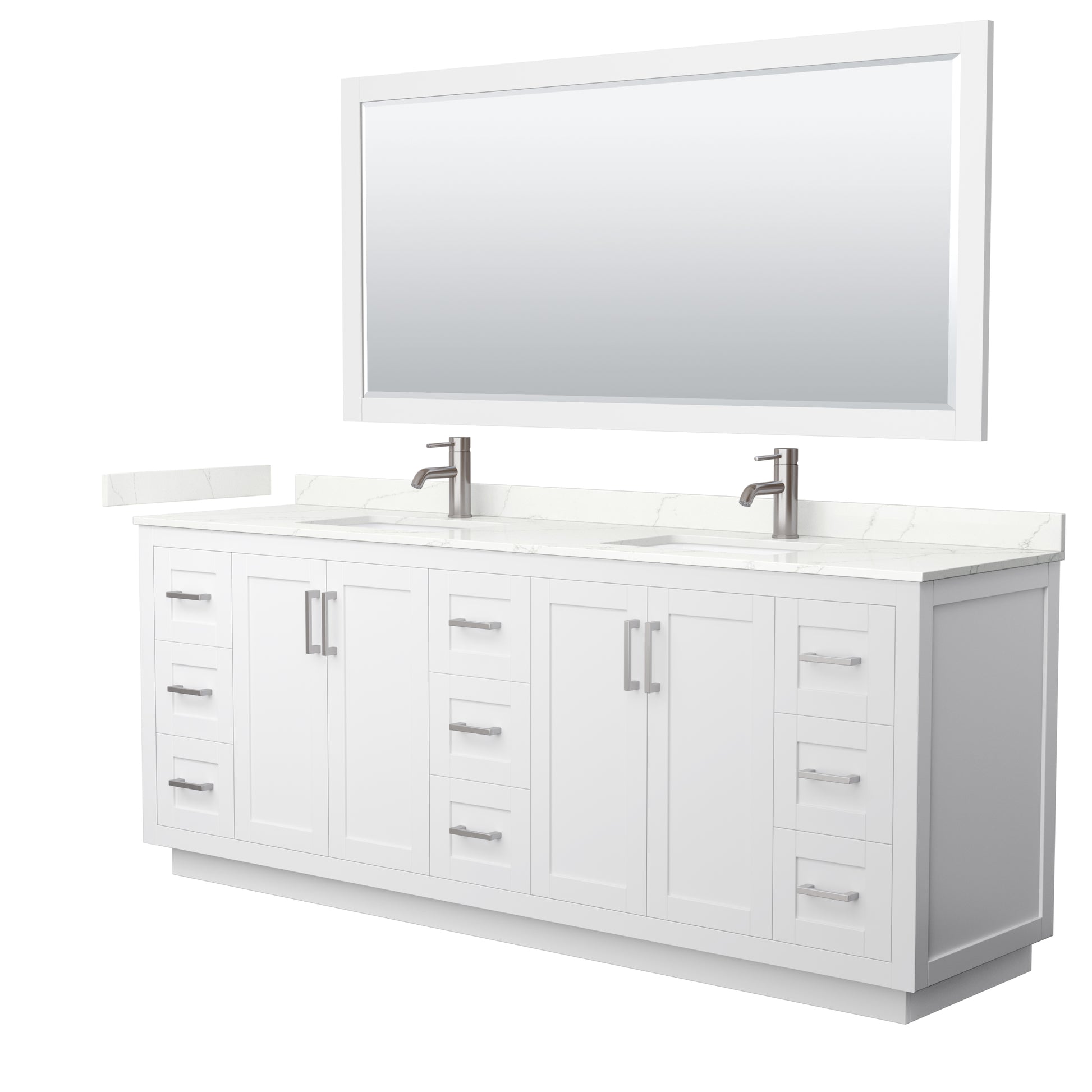 Wyndham Collection Miranda 84" Double Bathroom Vanity in White, Giotto Quartz Countertop, Undermount Square Sinks (1-Hole), Brushed Nickel Trim, 70" Mirror