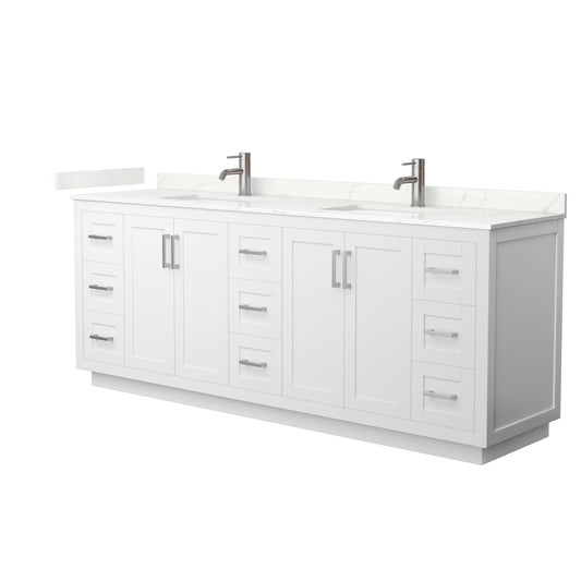 Wyndham Collection Miranda 84" Double Bathroom Vanity in White, Giotto Quartz Countertop, Undermount Square Sinks (1-Hole), Brushed Nickel Trim