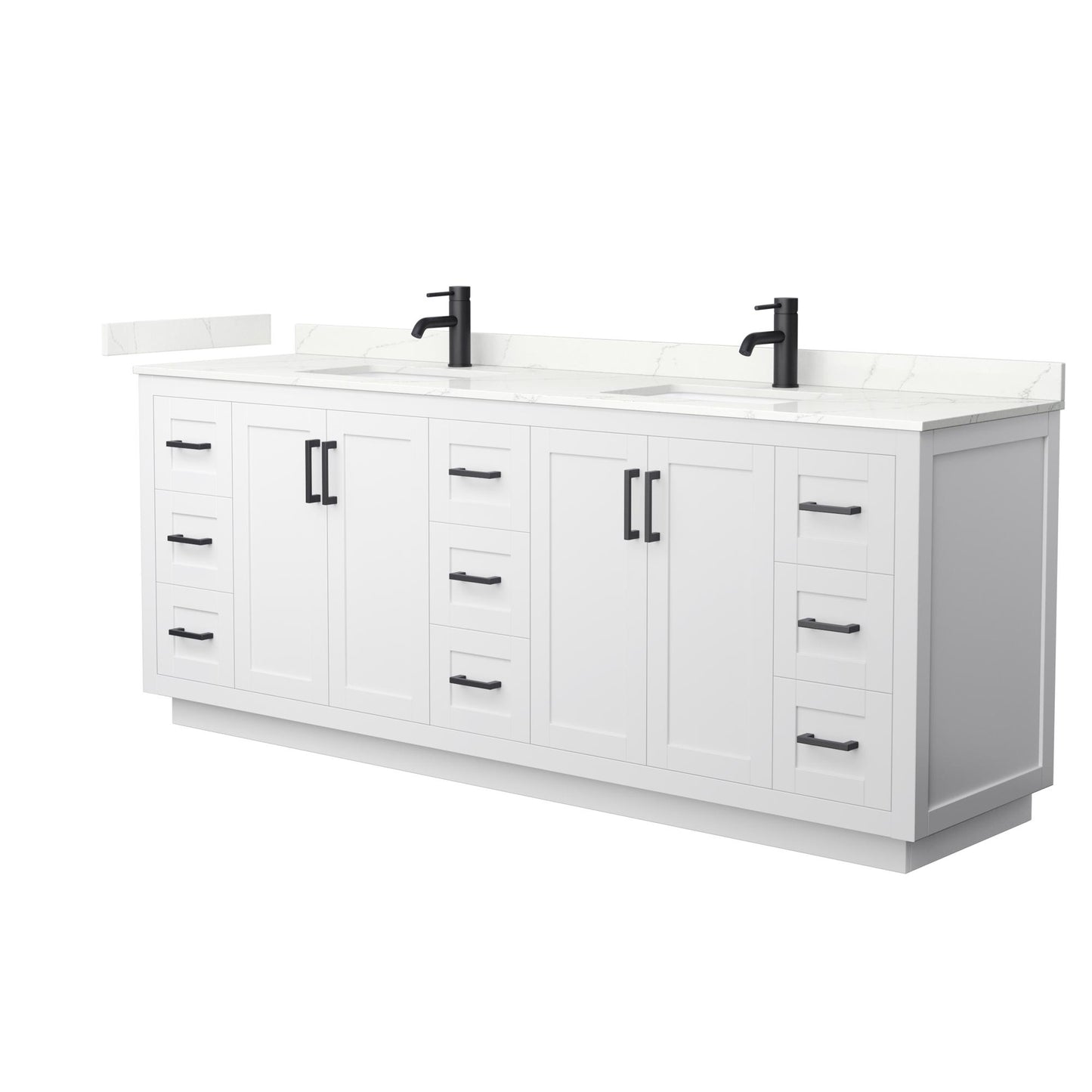 Wyndham Collection Miranda 84" Double Bathroom Vanity in White, Giotto Quartz Countertop, Undermount Square Sinks (1-Hole), Matte Black Trim