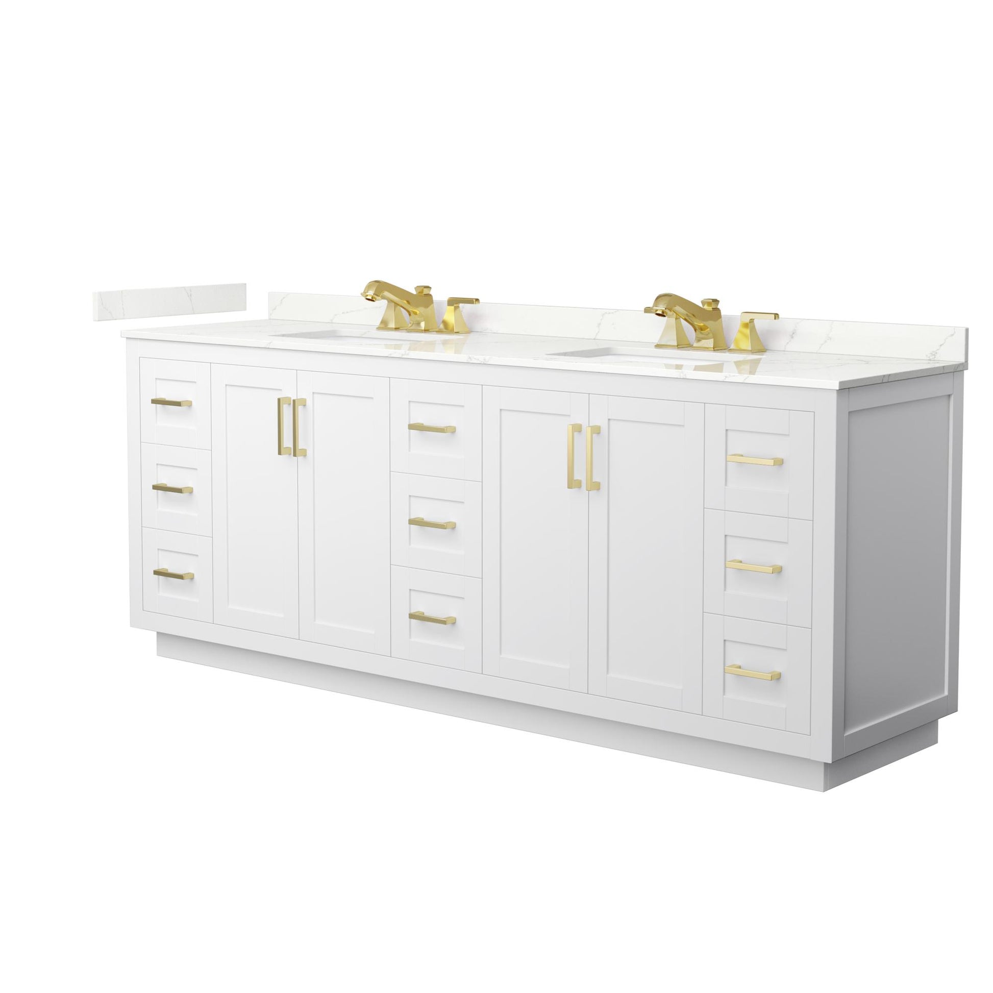 Wyndham Collection Miranda 84" Double Bathroom Vanity in White, Giotto Quartz Countertop, Undermount Square Sinks (3-Hole), Brushed Gold Trim