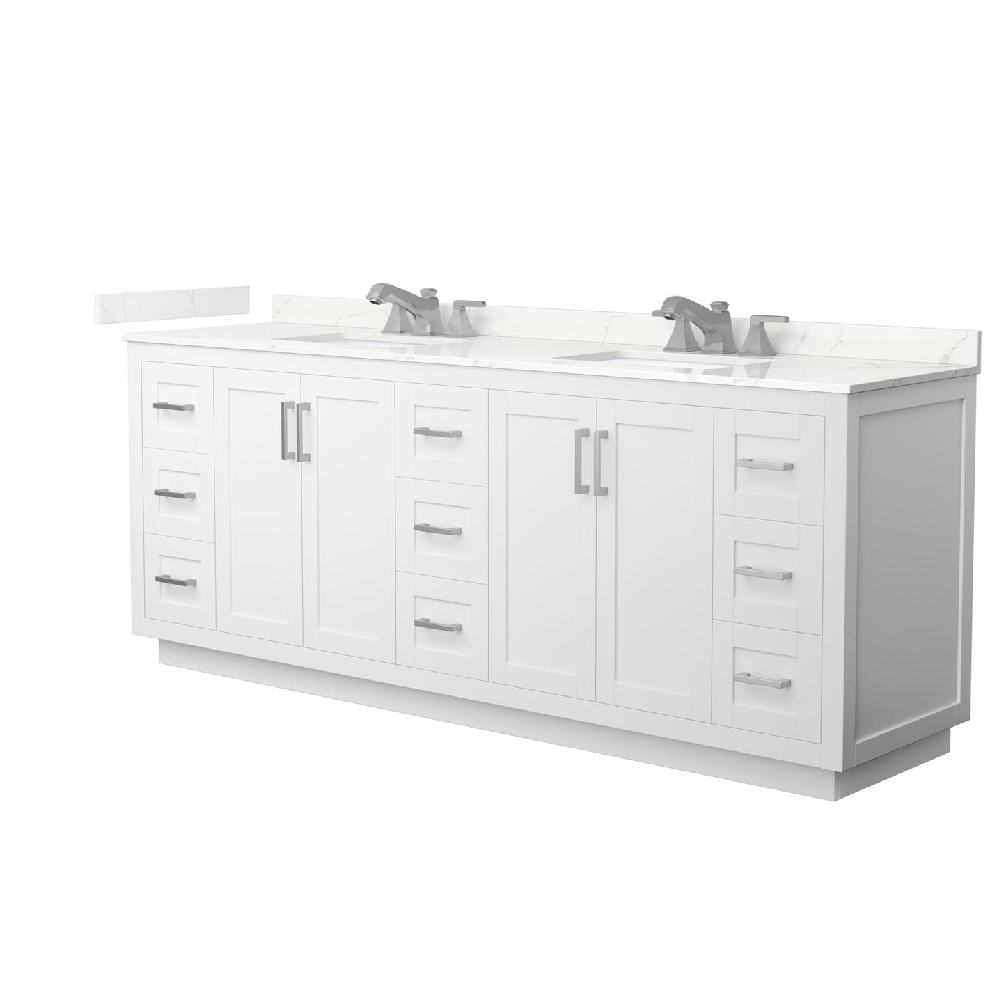 Wyndham Collection Miranda 84" Double Bathroom Vanity in White, Giotto Quartz Countertop, Undermount Square Sinks (3-Hole), Brushed Nickel Trim