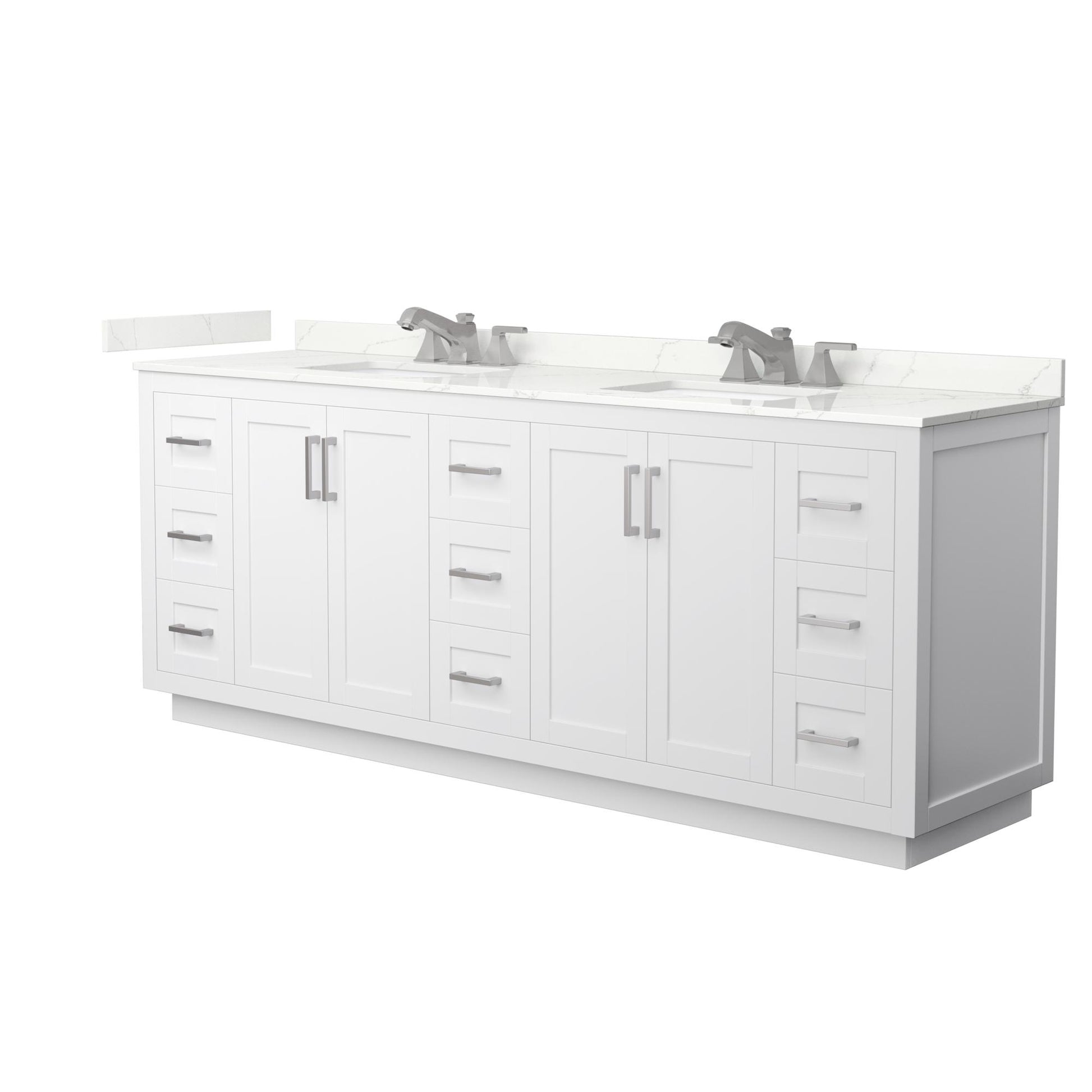 Wyndham Collection Miranda 84" Double Bathroom Vanity in White, Giotto Quartz Countertop, Undermount Square Sinks (3-Hole), Brushed Nickel Trim
