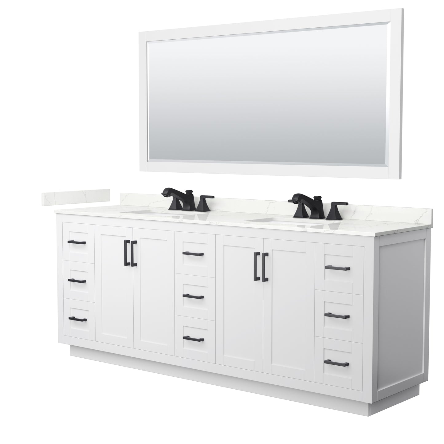 Wyndham Collection Miranda 84" Double Bathroom Vanity in White, Giotto Quartz Countertop, Undermount Square Sinks (3-Hole), Matte Black Trim, 70" Mirror