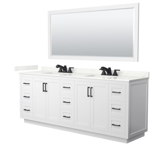 Wyndham Collection Miranda 84" Double Bathroom Vanity in White, Giotto Quartz Countertop, Undermount Square Sinks (3-Hole), Matte Black Trim, 70" Mirror