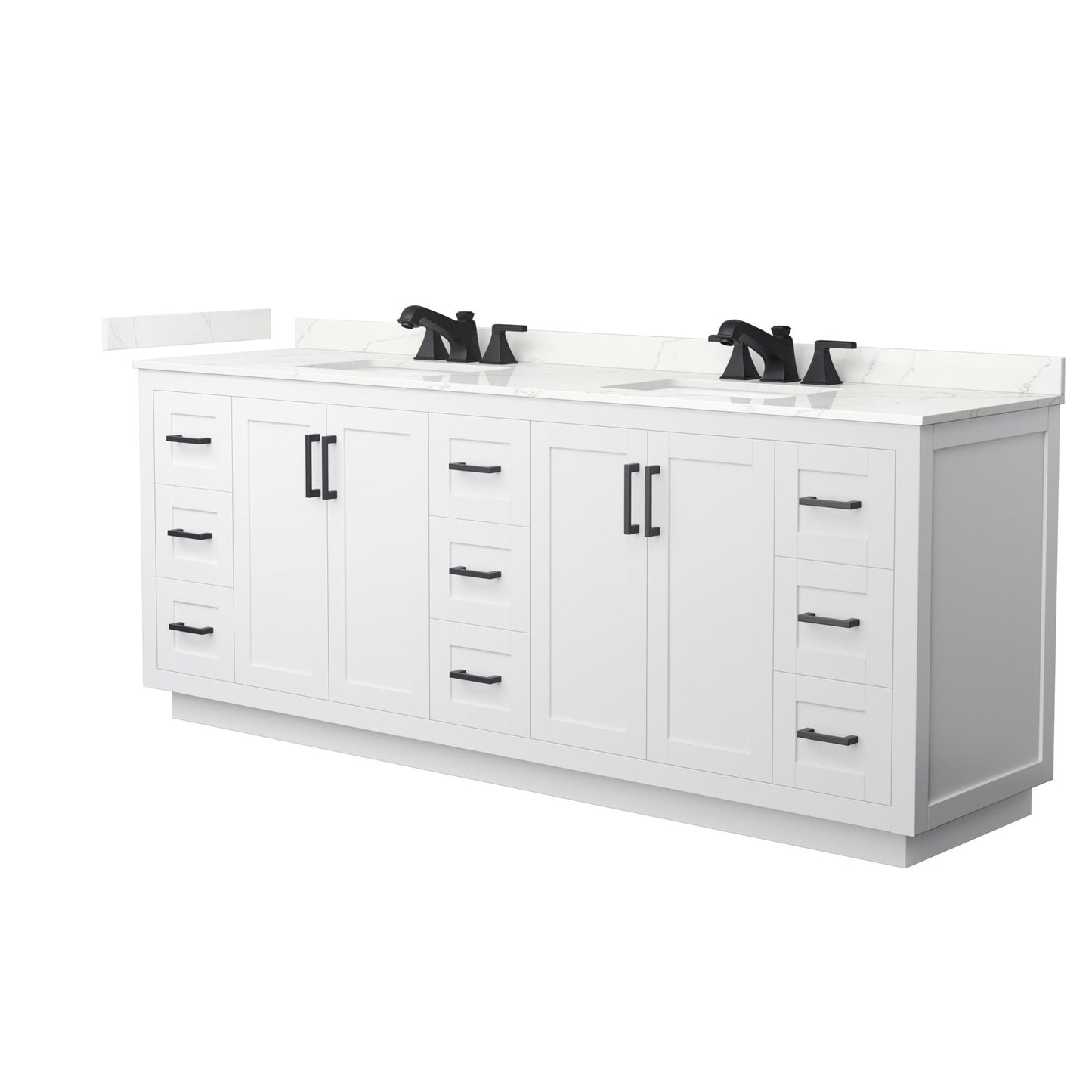 Wyndham Collection Miranda 84" Double Bathroom Vanity in White, Giotto Quartz Countertop, Undermount Square Sinks (3-Hole), Matte Black Trim