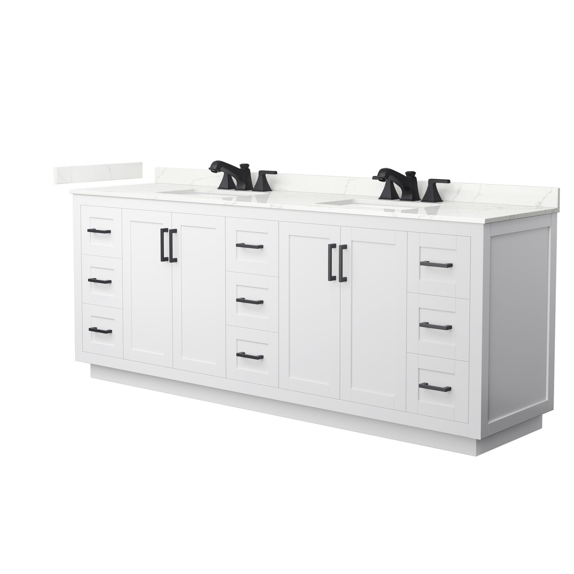 Wyndham Collection Miranda 84" Double Bathroom Vanity in White, Giotto Quartz Countertop, Undermount Square Sinks (3-Hole), Matte Black Trim