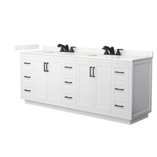 Wyndham Collection Miranda 84" Double Bathroom Vanity in White, Giotto Quartz Countertop, Undermount Square Sinks (3-Hole), Matte Black Trim