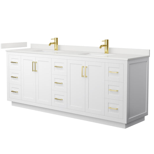 Wyndham Collection Miranda 84" Double Bathroom Vanity in White, White Quartz Countertop, Undermount Square Sinks (1-Hole), Brushed Gold Trim