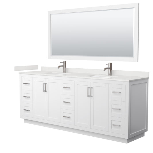 Wyndham Collection Miranda 84" Double Bathroom Vanity in White, White Quartz Countertop, Undermount Square Sinks (1-Hole), Brushed Nickel Trim, 70" Mirror