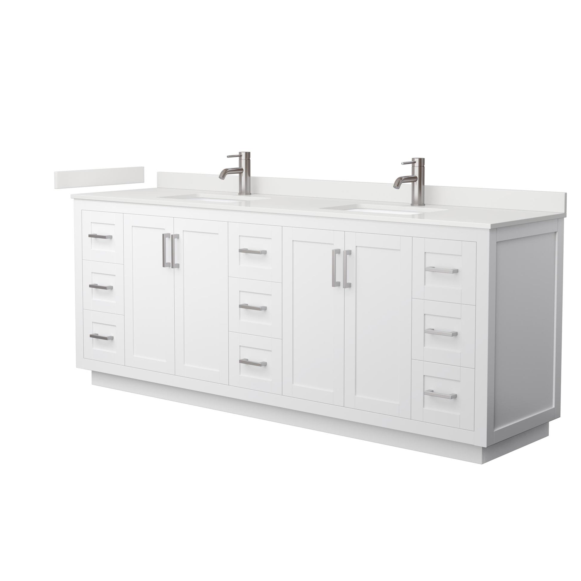 Wyndham Collection Miranda 84" Double Bathroom Vanity in White, White Quartz Countertop, Undermount Square Sinks (1-Hole), Brushed Nickel Trim