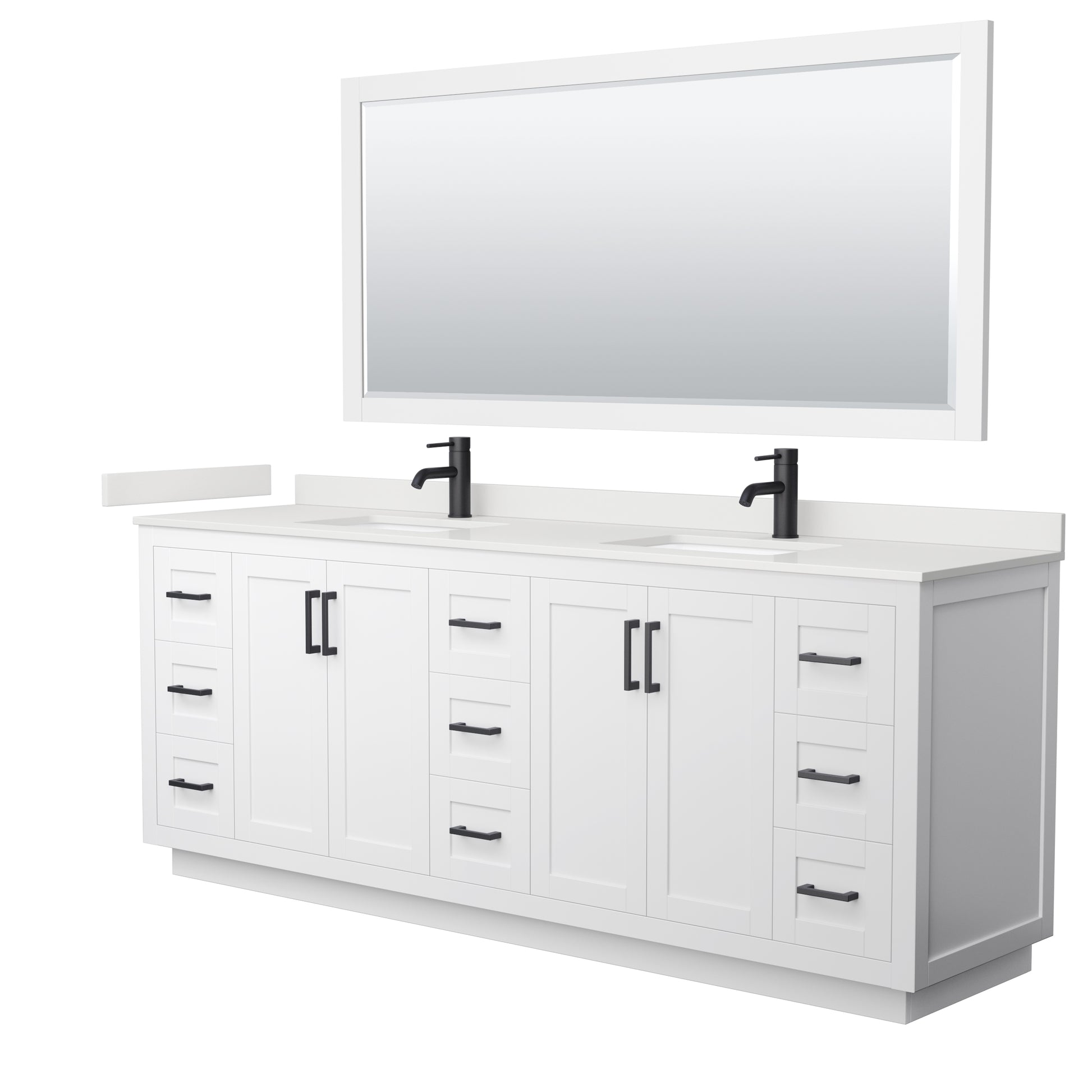 Wyndham Collection Miranda 84" Double Bathroom Vanity in White, White Quartz Countertop, Undermount Square Sinks (1-Hole), Matte Black Trim, 70" Mirror