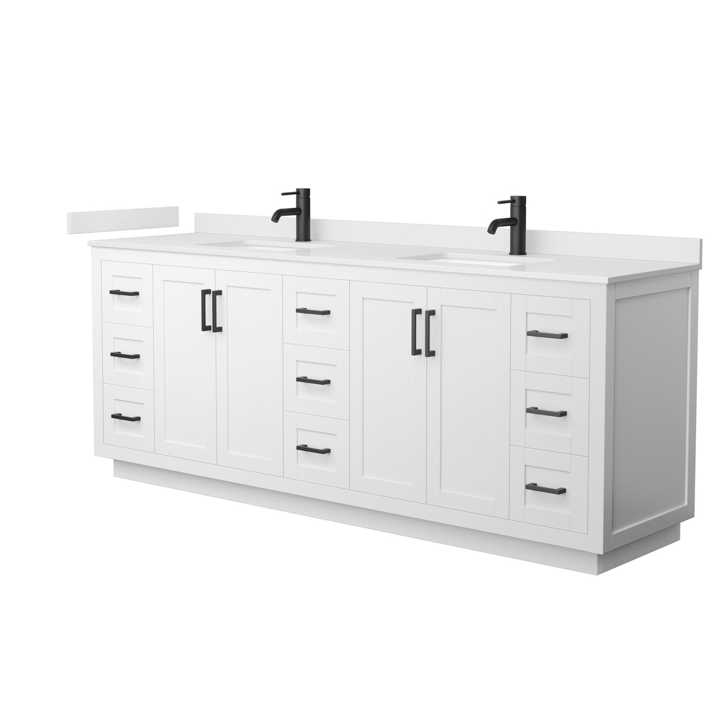 Wyndham Collection Miranda 84" Double Bathroom Vanity in White, White Quartz Countertop, Undermount Square Sinks (1-Hole), Matte Black Trim