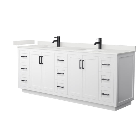 Wyndham Collection Miranda 84" Double Bathroom Vanity in White, White Quartz Countertop, Undermount Square Sinks (1-Hole), Matte Black Trim