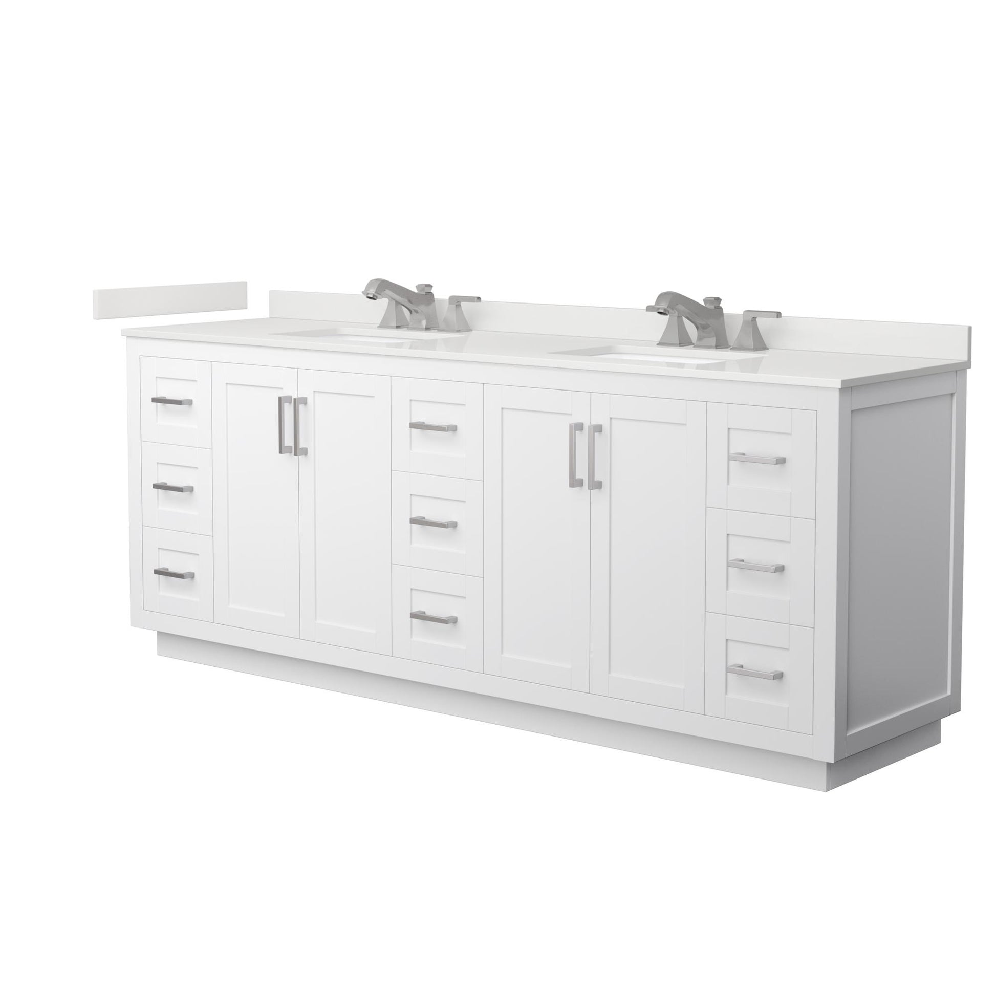 Wyndham Collection Miranda 84" Double Bathroom Vanity in White, White Quartz Countertop, Undermount Square Sinks (3-Hole), Brushed Nickel Trim