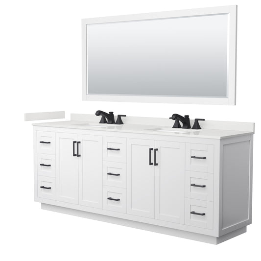 Wyndham Collection Miranda 84" Double Bathroom Vanity in White, White Quartz Countertop, Undermount Square Sinks (3-Hole), Matte Black Trim, 70" Mirror
