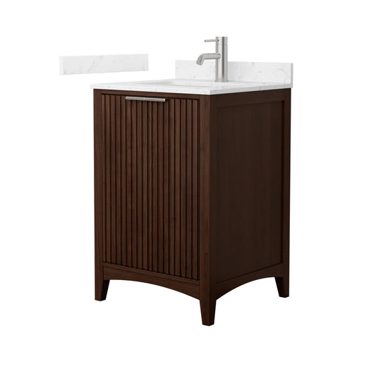 Wyndham Collection Palmilla 24" Single Bathroom Vanity in Dark Walnut, Carrara Cultured Marble Countertop, Undermount Square Sink (1-Hole), Brushed Nickel Trim