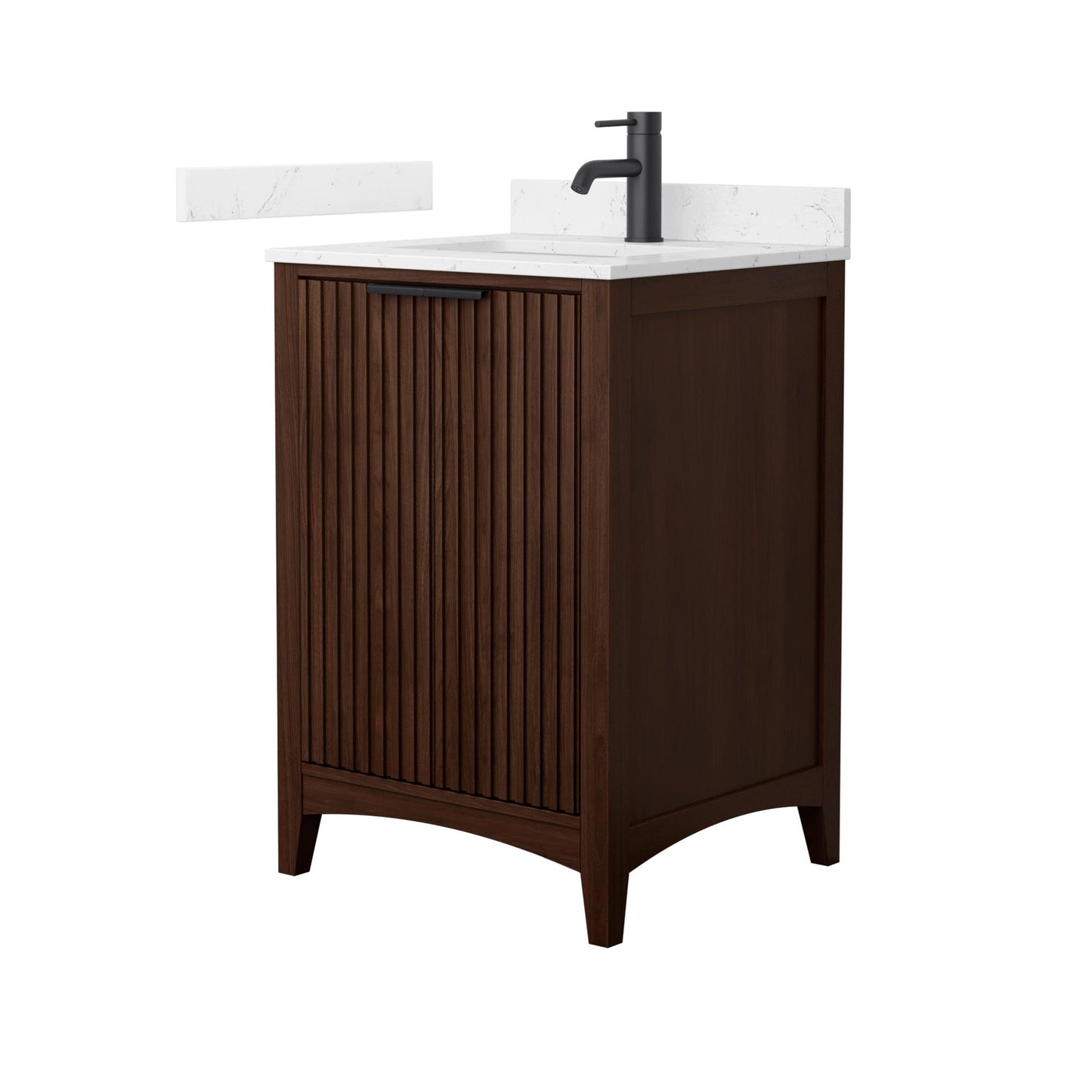 Wyndham Collection Palmilla 24" Single Bathroom Vanity in Dark Walnut, Carrara Cultured Marble Countertop, Undermount Square Sink (1-Hole), Matte Black Trim