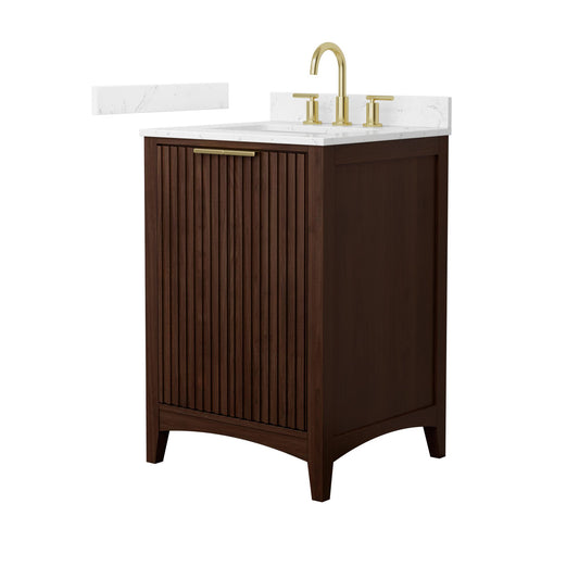 Wyndham Collection Palmilla 24" Single Bathroom Vanity in Dark Walnut, Carrara Cultured Marble Countertop, Undermount Square Sink (3-Hole), Brushed Gold Trim