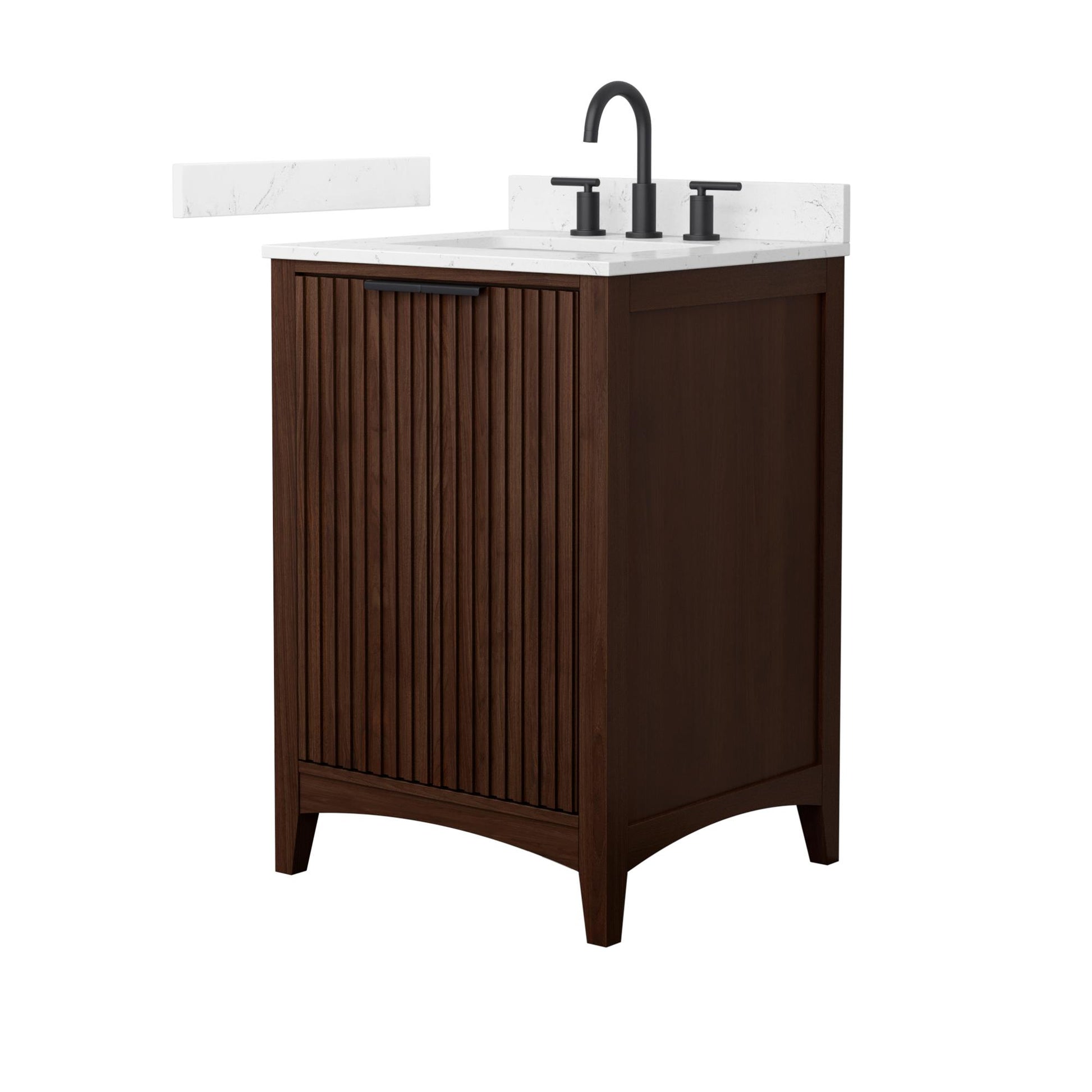 Wyndham Collection Palmilla 24" Single Bathroom Vanity in Dark Walnut, Carrara Cultured Marble Countertop, Undermount Square Sink (3-Hole), Matte Black Trim