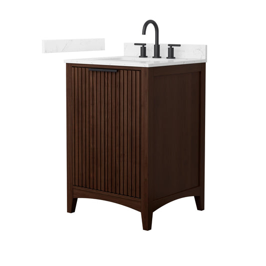 Wyndham Collection Palmilla 24" Single Bathroom Vanity in Dark Walnut, Carrara Cultured Marble Countertop, Undermount Square Sink (3-Hole), Matte Black Trim