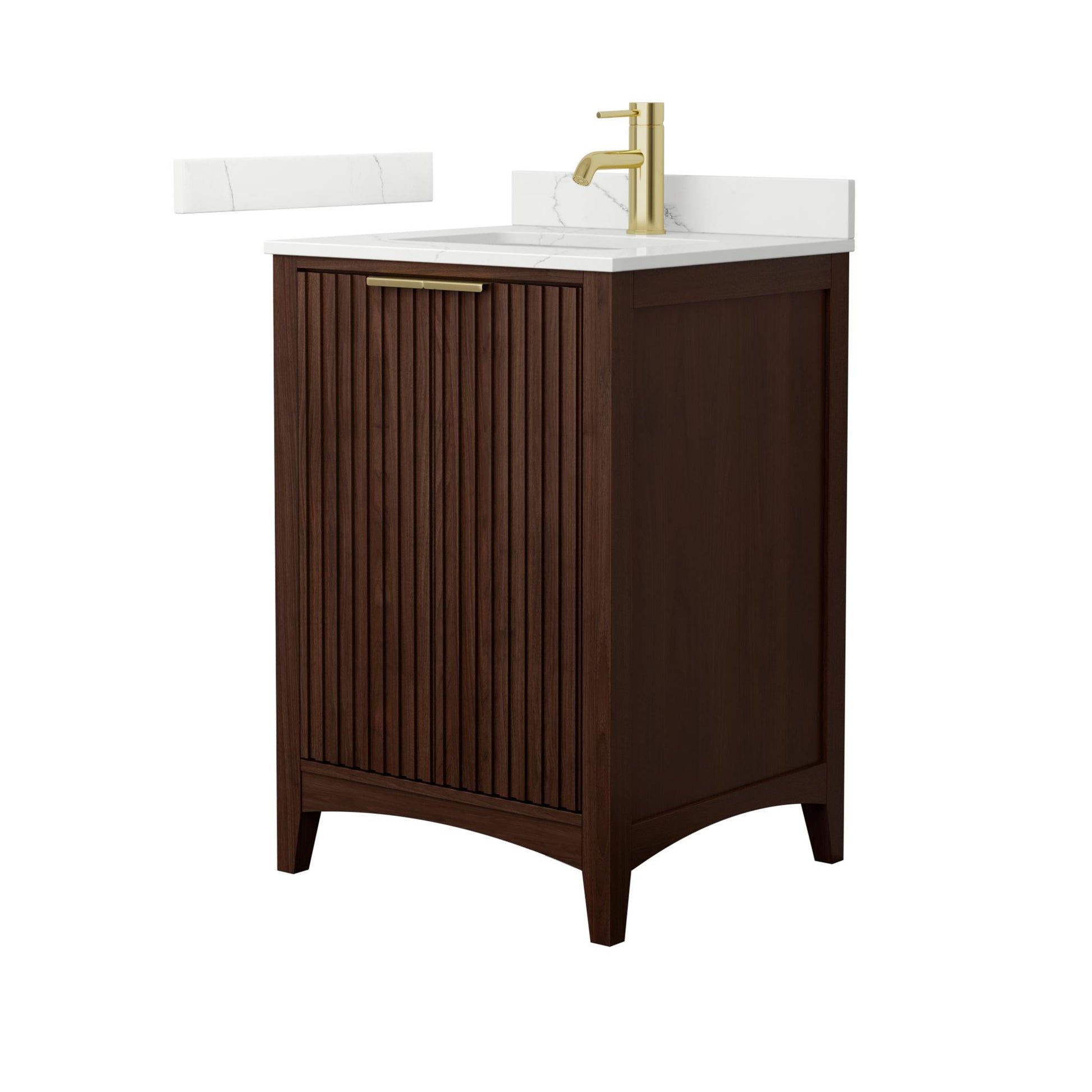 Wyndham Collection Palmilla 24" Single Bathroom Vanity in Dark Walnut, Giotto Quartz Countertop, Undermount Square Sink (1-Hole), Brushed Gold Trim