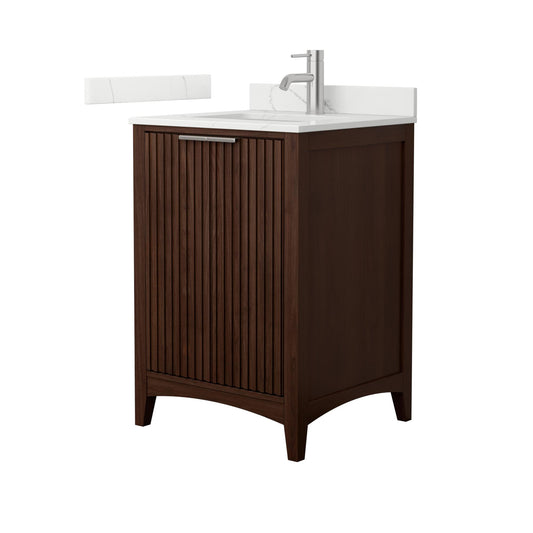 Wyndham Collection Palmilla 24" Single Bathroom Vanity in Dark Walnut, Giotto Quartz Countertop, Undermount Square Sink (1-Hole), Brushed Nickel Trim