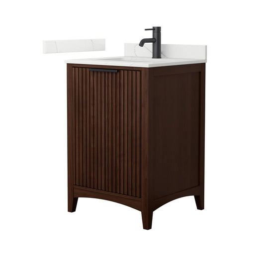 Wyndham Collection Palmilla 24" Single Bathroom Vanity in Dark Walnut, Giotto Quartz Countertop, Undermount Square Sink (1-Hole), Matte Black Trim