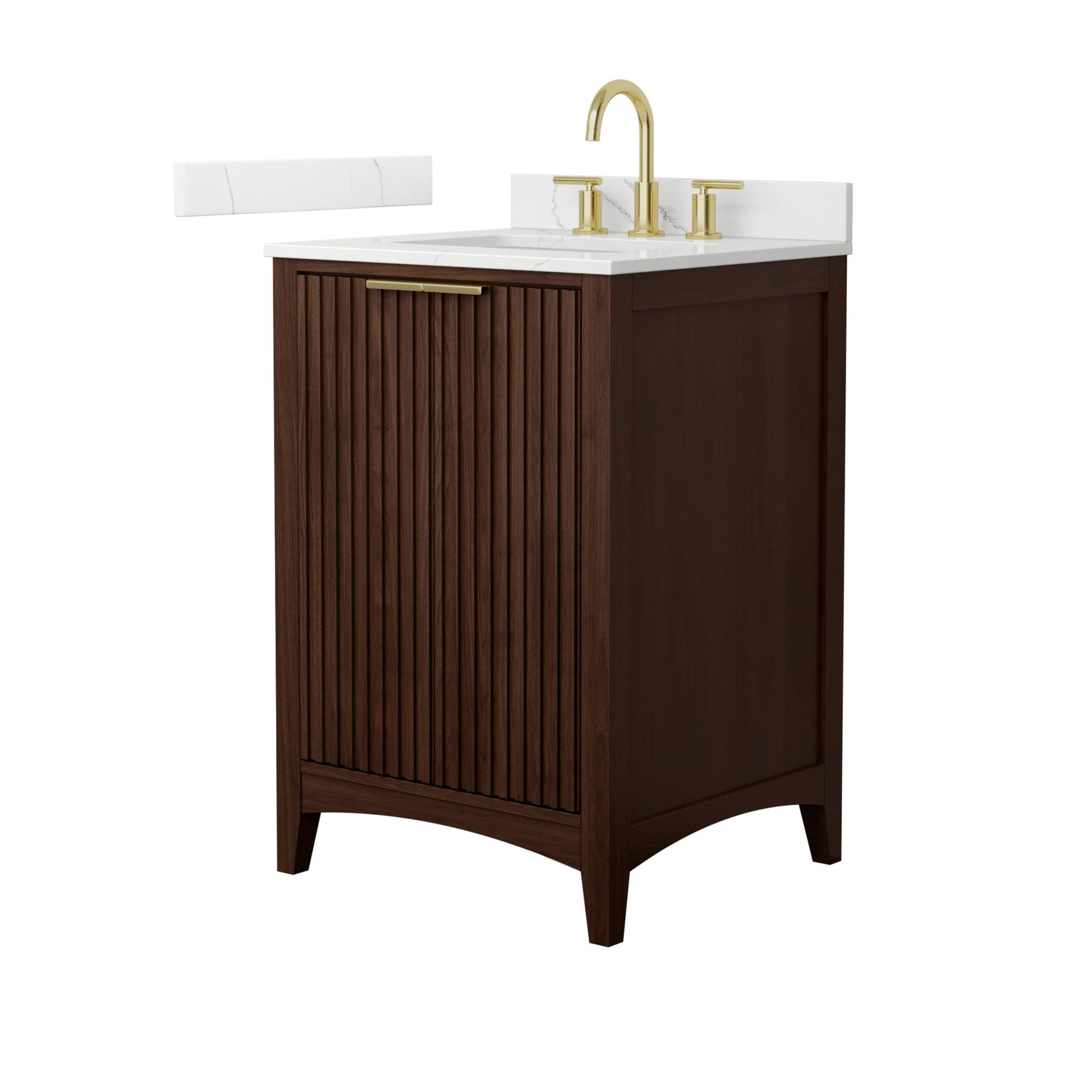 Wyndham Collection Palmilla 24" Single Bathroom Vanity in Dark Walnut, Giotto Quartz Countertop, Undermount Square Sink (3-Hole), Brushed Gold Trim