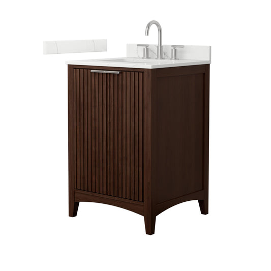 Wyndham Collection Palmilla 24" Single Bathroom Vanity in Dark Walnut, Giotto Quartz Countertop, Undermount Square Sink (3-Hole), Brushed Nickel Trim