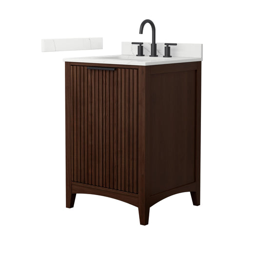 Wyndham Collection Palmilla 24" Single Bathroom Vanity in Dark Walnut, Giotto Quartz Countertop, Undermount Square Sink (3-Hole), Matte Black Trim