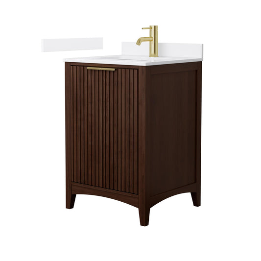 Wyndham Collection Palmilla 24" Single Bathroom Vanity in Dark Walnut, White Cultured Marble Countertop, Undermount Square Sink (1-Hole), Brushed Gold Trim