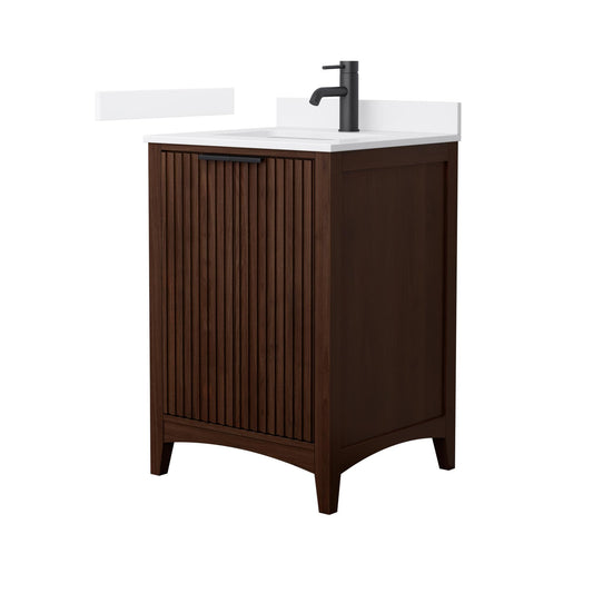 Wyndham Collection Palmilla 24" Single Bathroom Vanity in Dark Walnut, White Cultured Marble Countertop, Undermount Square Sink (1-Hole), Matte Black Trim