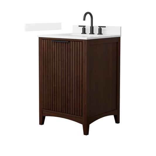 Wyndham Collection Palmilla 24" Single Bathroom Vanity in Dark Walnut, White Cultured Marble Countertop, Undermount Square Sink (3-Hole), Matte Black Trim