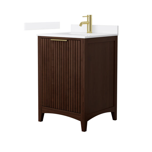 Wyndham Collection Palmilla 24" Single Bathroom Vanity in Dark Walnut, White Quartz Countertop, Undermount Square Sink (1-Hole), Brushed Gold Trim