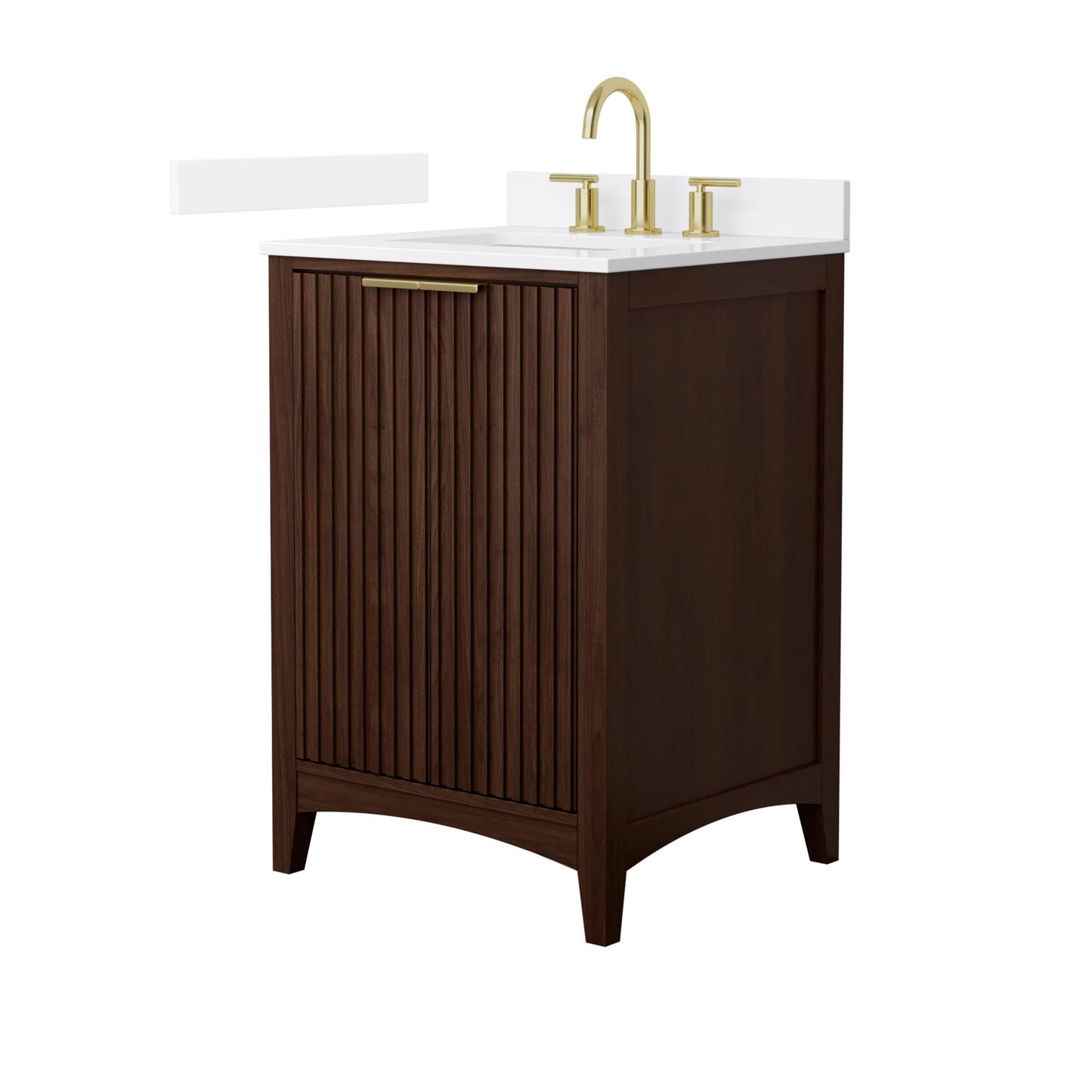 Wyndham Collection Palmilla 24" Single Bathroom Vanity in Dark Walnut, White Quartz Countertop, Undermount Square Sink (3-Hole), Brushed Gold Trim