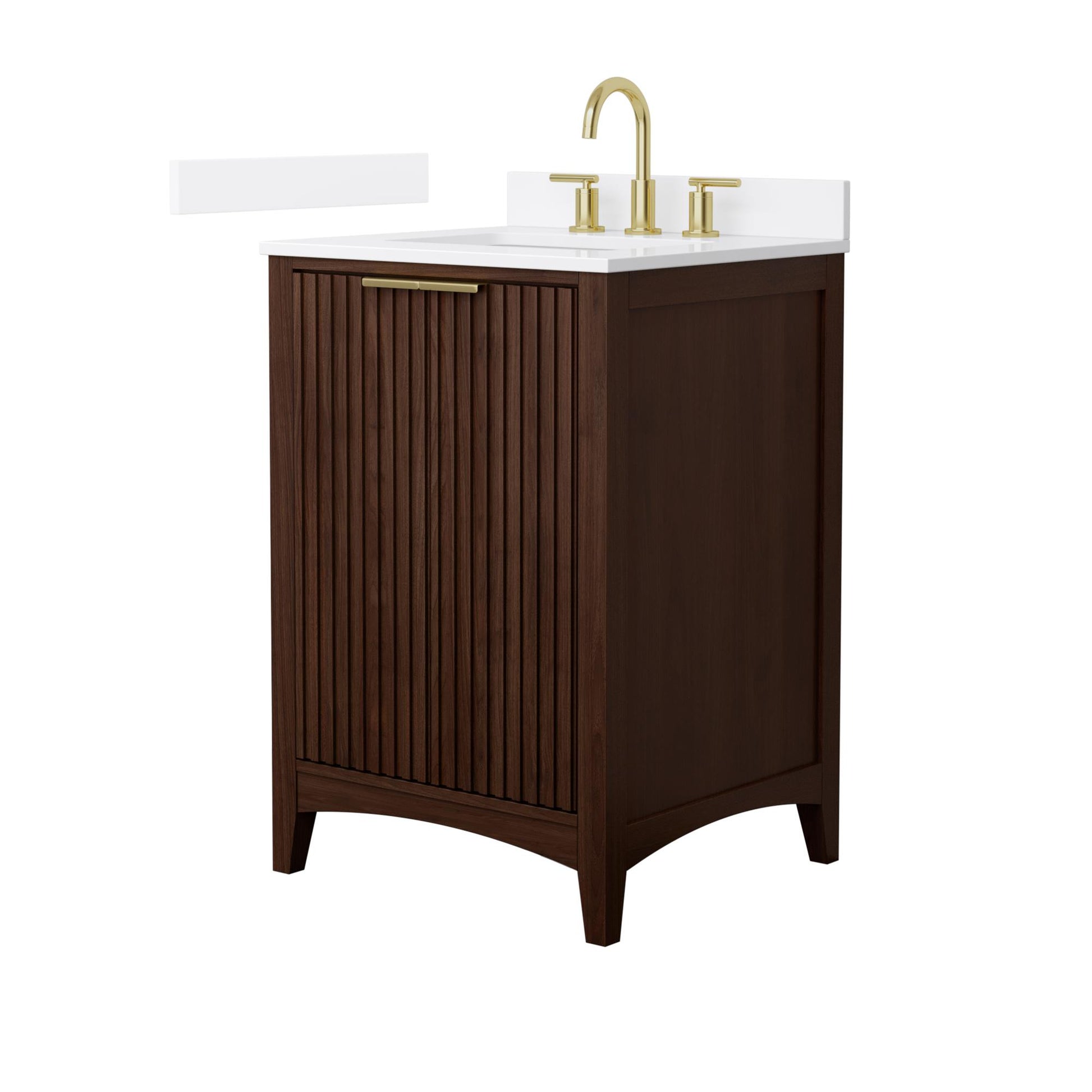Wyndham Collection Palmilla 24" Single Bathroom Vanity in Dark Walnut, White Quartz Countertop, Undermount Square Sink (3-Hole), Brushed Gold Trim