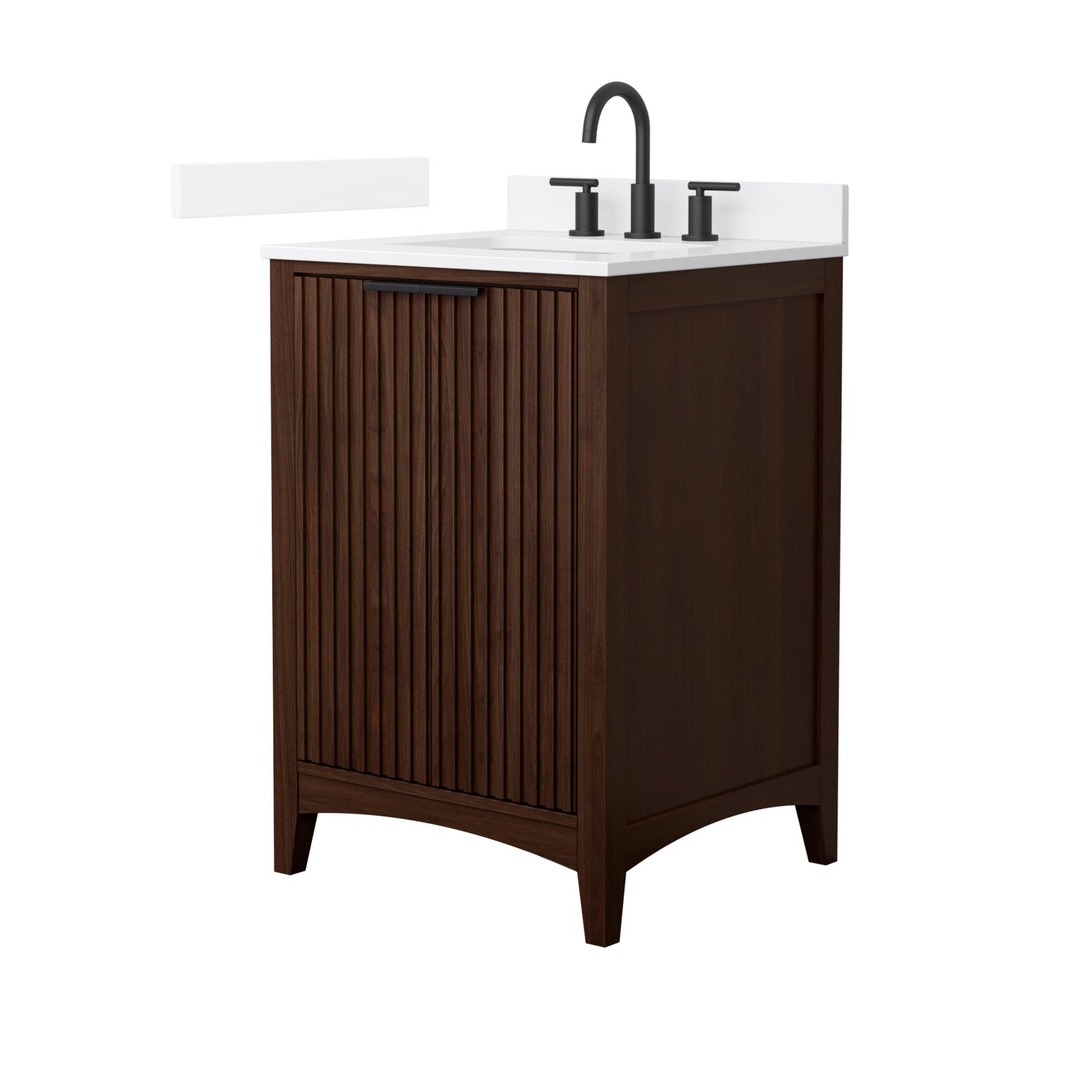 Wyndham Collection Palmilla 24" Single Bathroom Vanity in Dark Walnut, White Quartz Countertop, Undermount Square Sink (3-Hole), Matte Black Trim