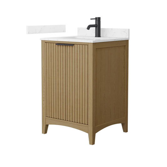 Wyndham Collection Palmilla 24" Single Bathroom Vanity in Natural Oak, Carrara Cultured Marble Countertop, Undermount Square Sink (1-Hole), Matte Black Trim