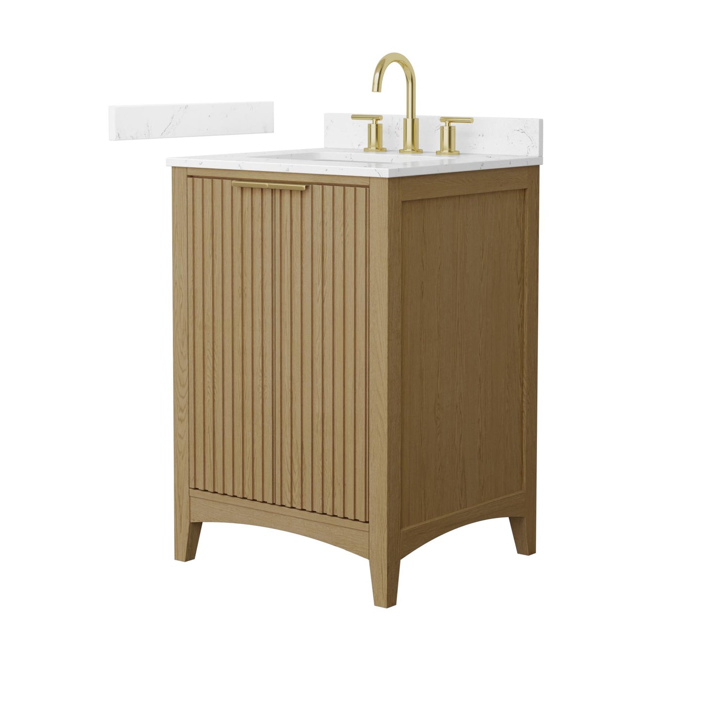 Wyndham Collection Palmilla 24" Single Bathroom Vanity in Natural Oak, Carrara Cultured Marble Countertop, Undermount Square Sink (3-Hole), Brushed Gold Trim