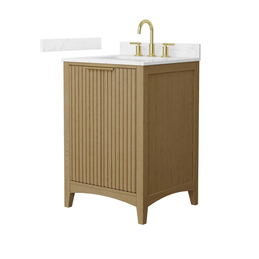 Wyndham Collection Palmilla 24" Single Bathroom Vanity in Natural Oak, Carrara Cultured Marble Countertop, Undermount Square Sink (3-Hole), Brushed Gold Trim
