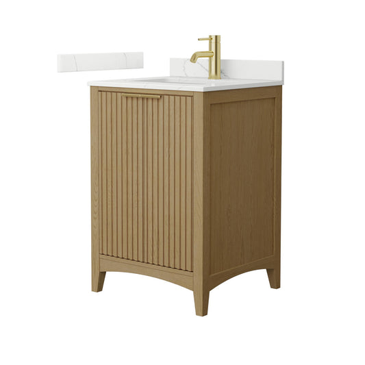 Wyndham Collection Palmilla 24" Single Bathroom Vanity in Natural Oak, Giotto Quartz Countertop, Undermount Square Sink (1-Hole), Brushed Gold Trim