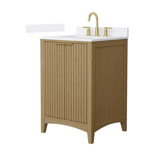 Wyndham Collection Palmilla 24" Single Bathroom Vanity in Natural Oak, White Cultured Marble Countertop, Undermount Square Sink (3-Hole), Brushed Gold Trim