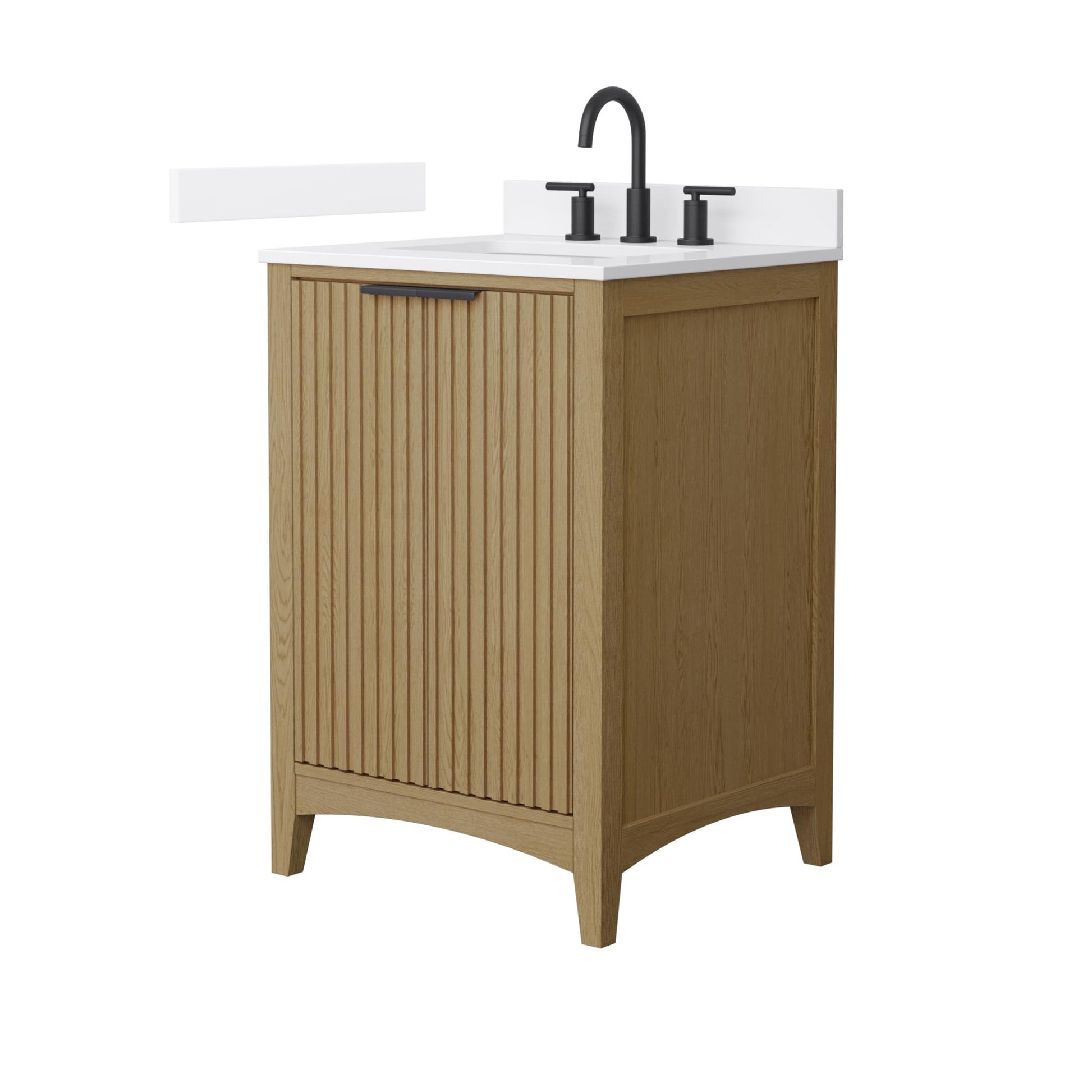Wyndham Collection Palmilla 24" Single Bathroom Vanity in Natural Oak, White Cultured Marble Countertop, Undermount Square Sink (3-Hole), Matte Black Trim