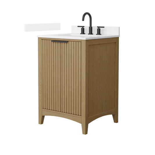 Wyndham Collection Palmilla 24" Single Bathroom Vanity in Natural Oak, White Cultured Marble Countertop, Undermount Square Sink (3-Hole), Matte Black Trim