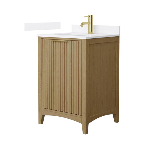 Wyndham Collection Palmilla 24" Single Bathroom Vanity in Natural Oak, White Quartz Countertop, Undermount Square Sink (1-Hole), Brushed Gold Trim