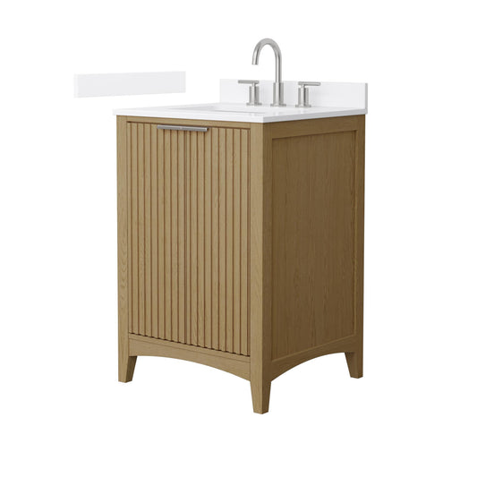 Wyndham Collection Palmilla 24" Single Bathroom Vanity in Natural Oak, White Quartz Countertop, Undermount Square Sink (3-Hole), Brushed Nickel Trim