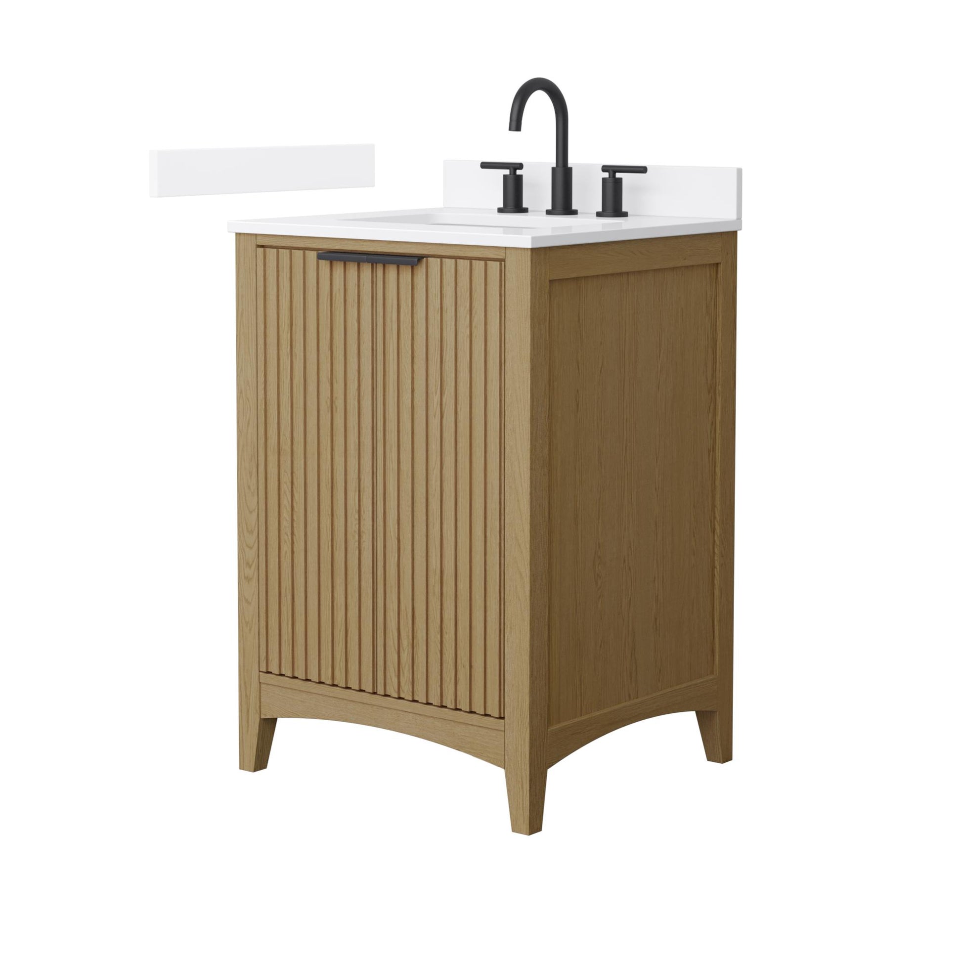 Wyndham Collection Palmilla 24" Single Bathroom Vanity in Natural Oak, White Quartz Countertop, Undermount Square Sink (3-Hole), Matte Black Trim